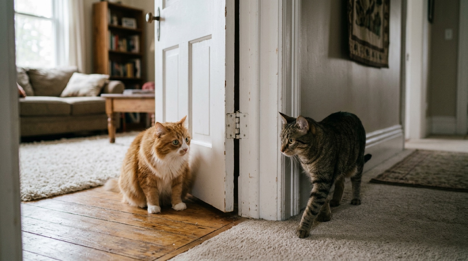 New cat and resident cat meeting slowly through a doorway in a Ottawa home
