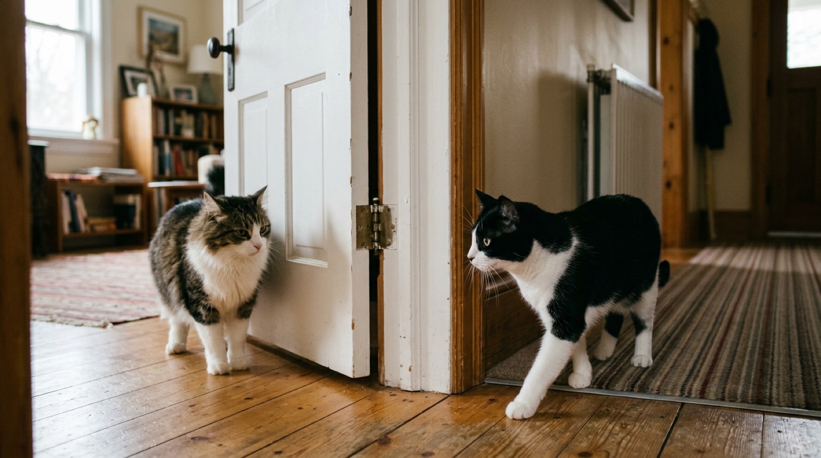New cat and resident cat meeting slowly through a doorway in a Winnipeg home