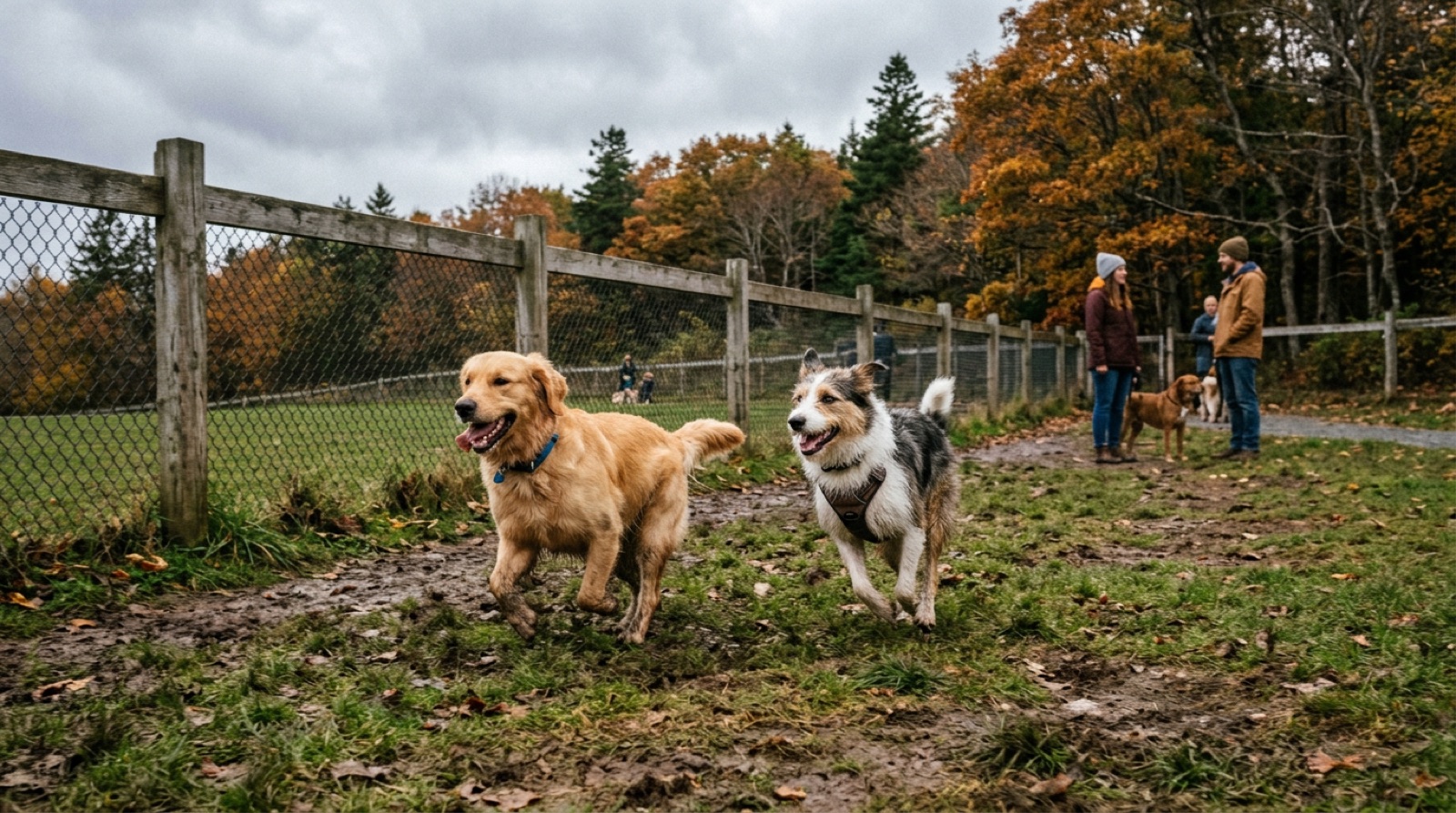 Dogs playing together at a fenced off-leash park in Moncton