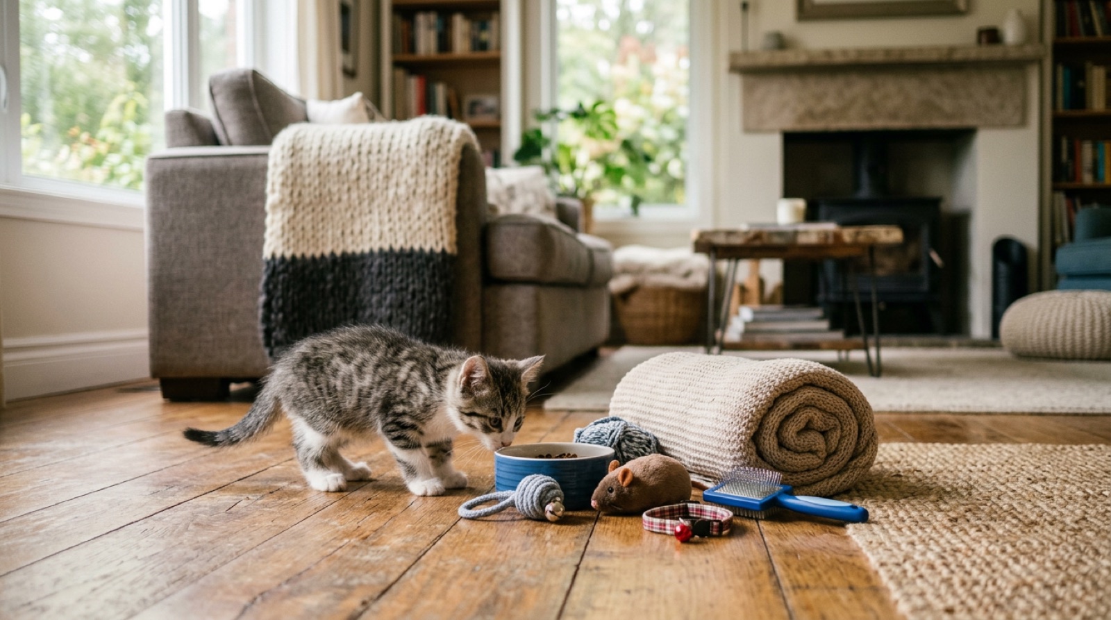 Kitten exploring its new Ottawa home beside starter supplies