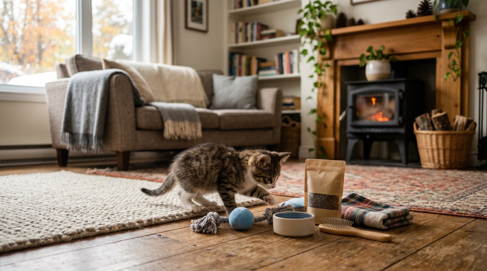 Kitten exploring its new Winnipeg home beside starter supplies