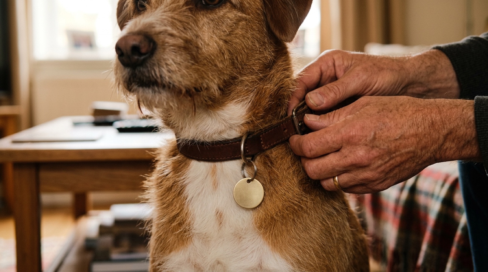 Owner fastening a collar and identification tag on a dog in Fredericton