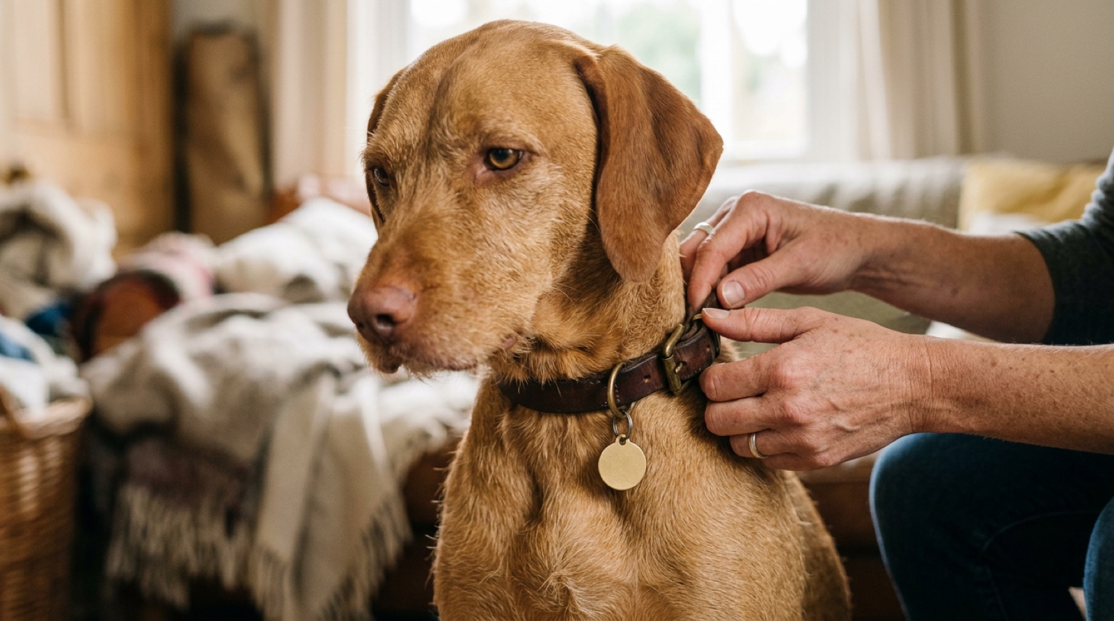 Owner fastening a collar and identification tag on a dog in Moncton
