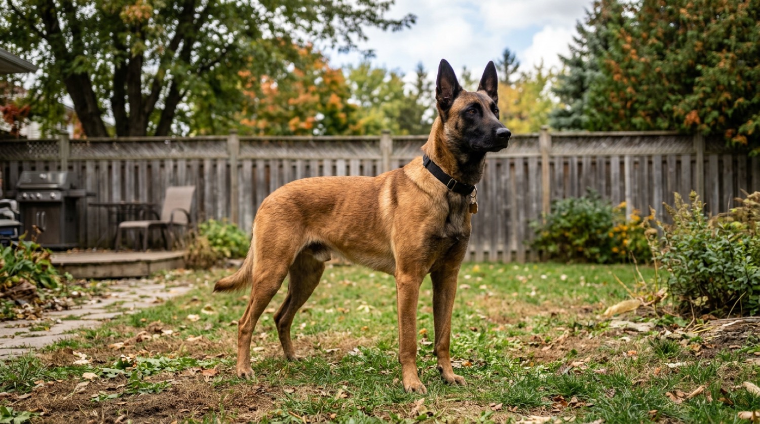 A Belgian Malinois at home in Canada, waiting for a responsible rehoming match
