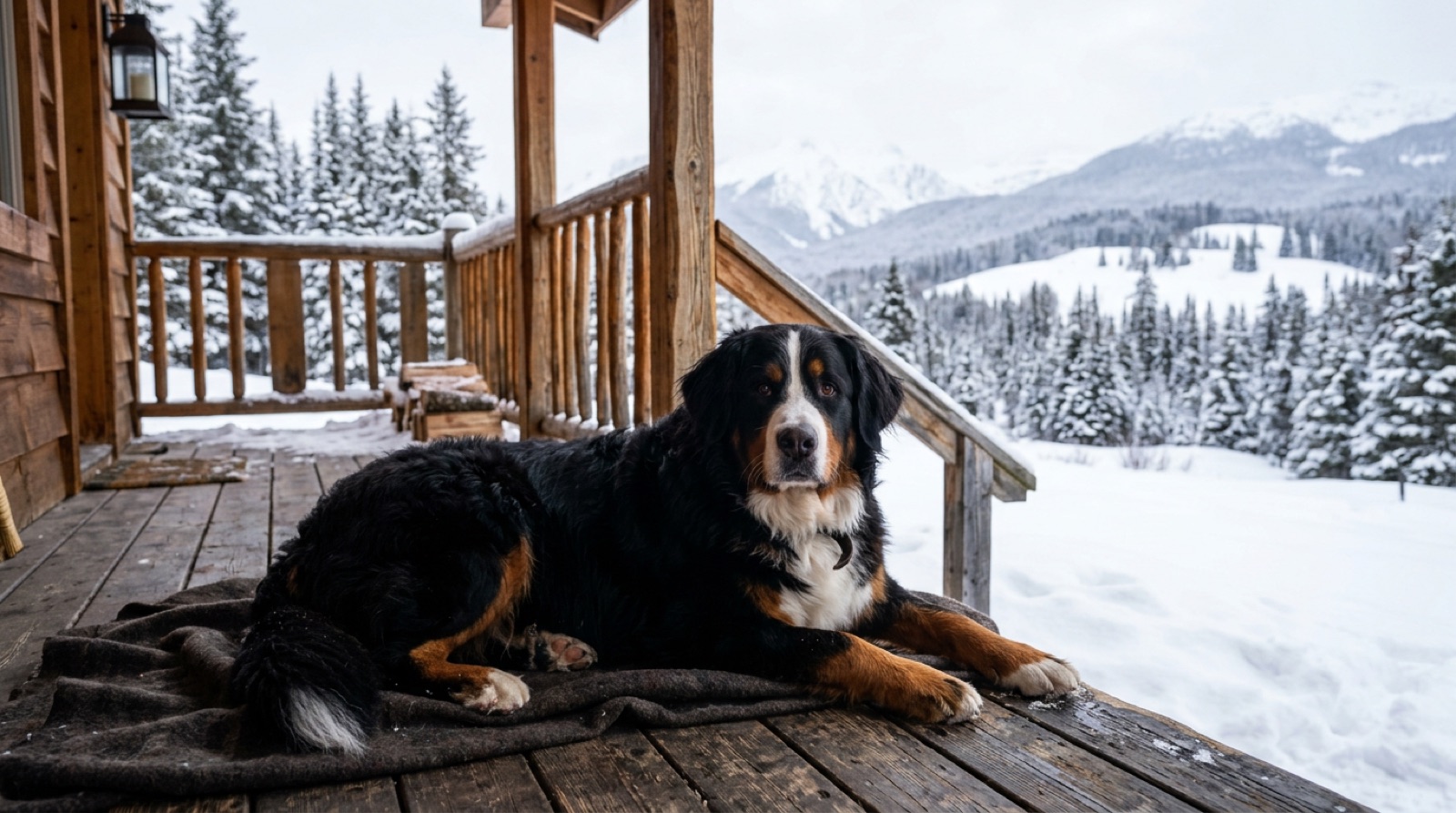 A Bernese Mountain Dog at home in Canada, waiting for a responsible rehoming match