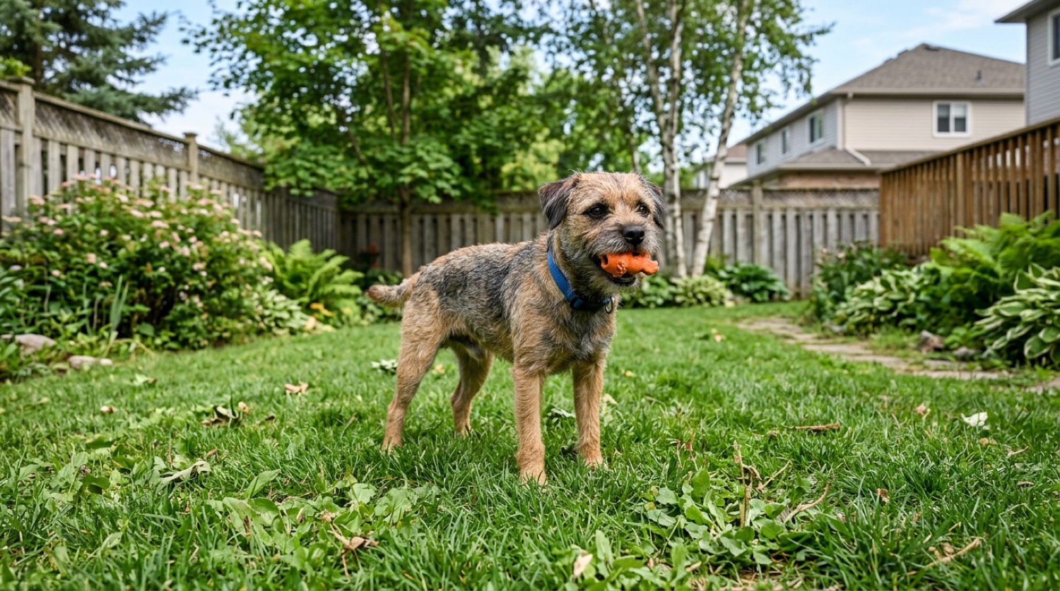 A Border Terrier at home in Canada, waiting for a responsible rehoming match