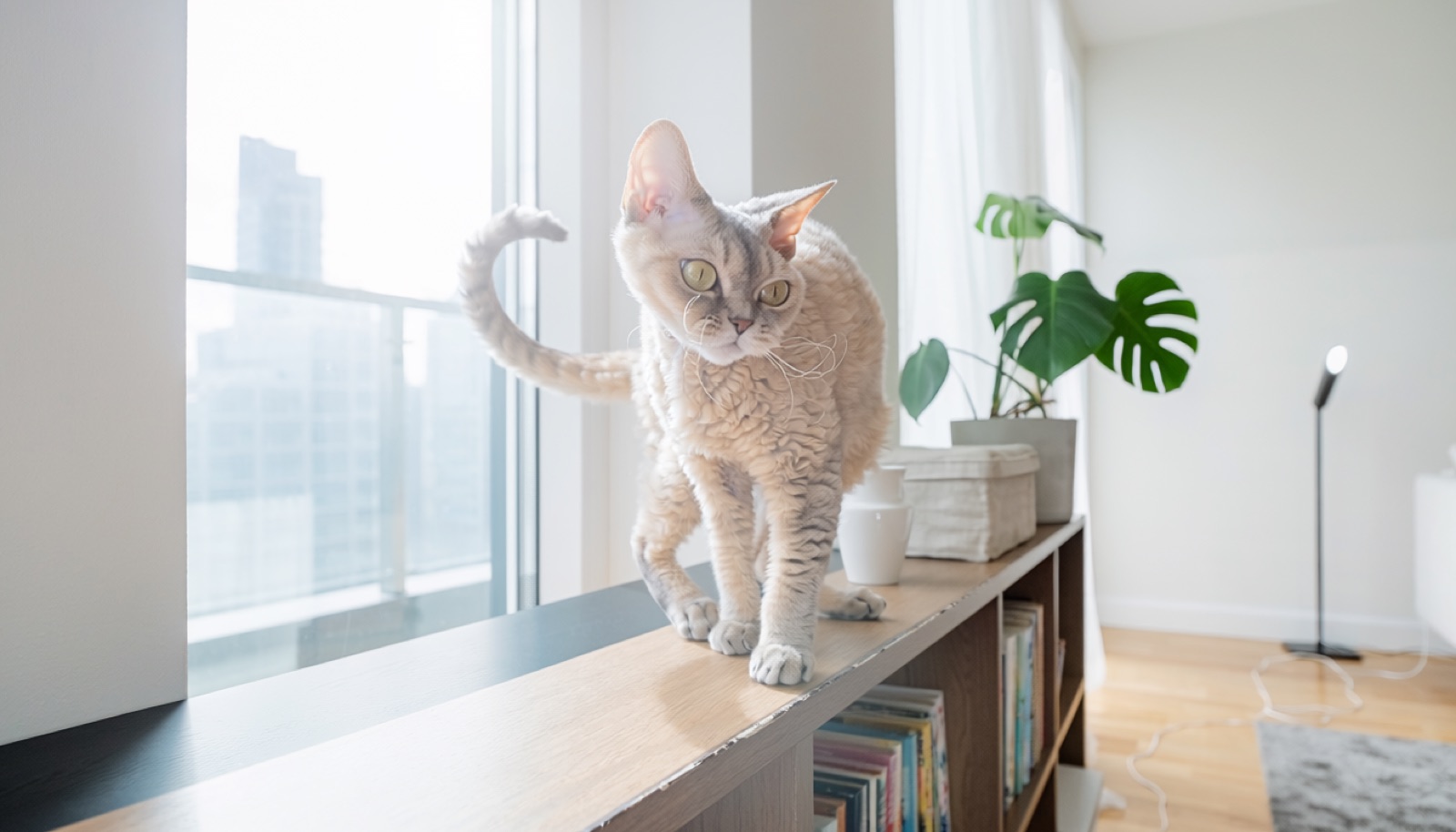 A Devon Rex at home in Canada, waiting for a responsible rehoming match