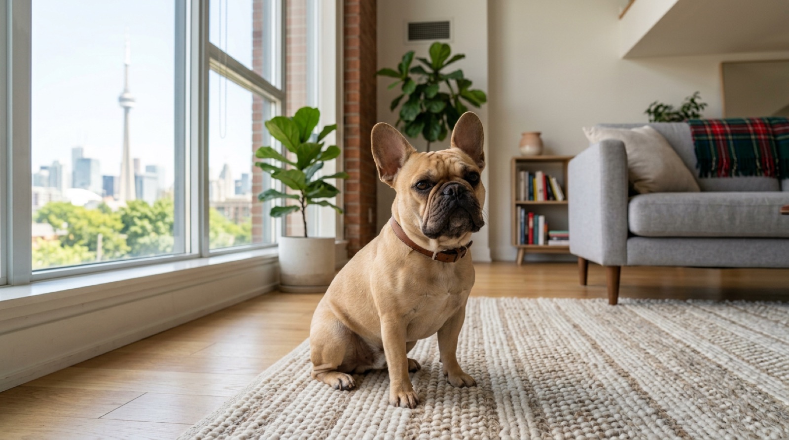 A French Bulldog at home in Canada, waiting for a responsible rehoming match