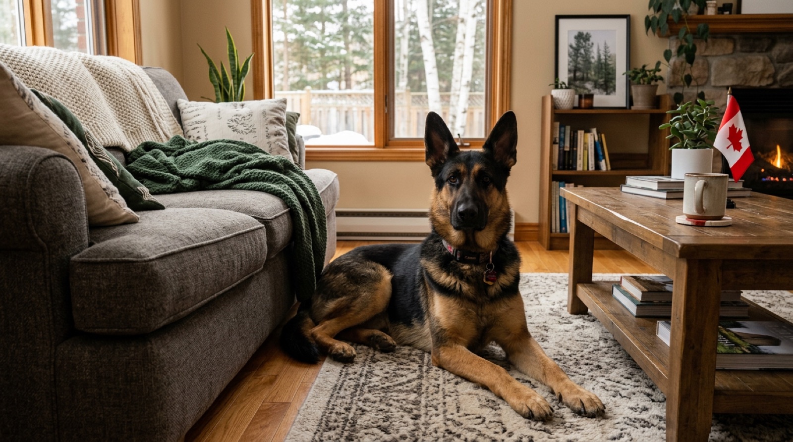 A German Shepherd at home in Canada, waiting for a responsible rehoming match