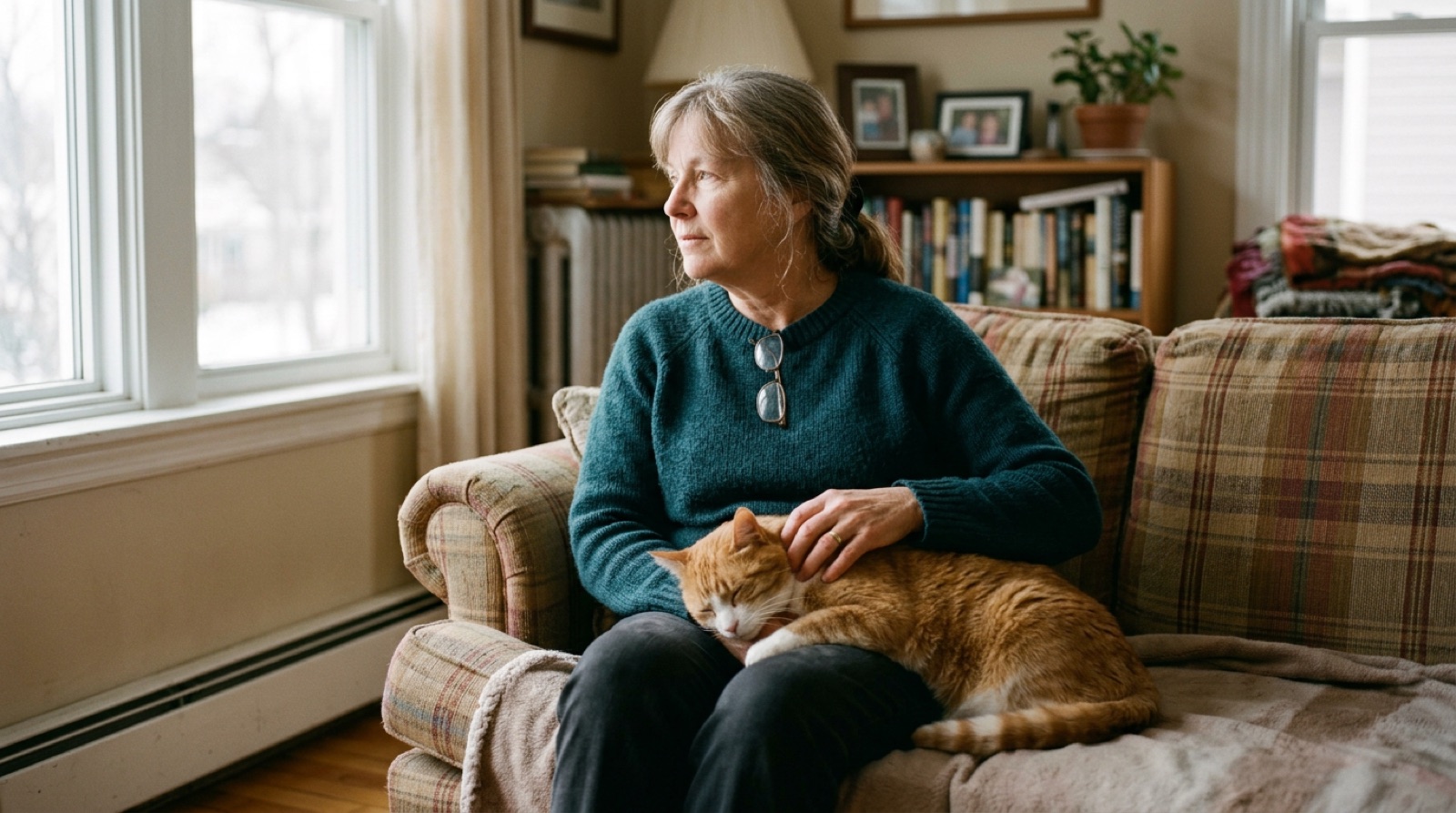 Owner sitting with their cat while considering rehoming in Winnipeg