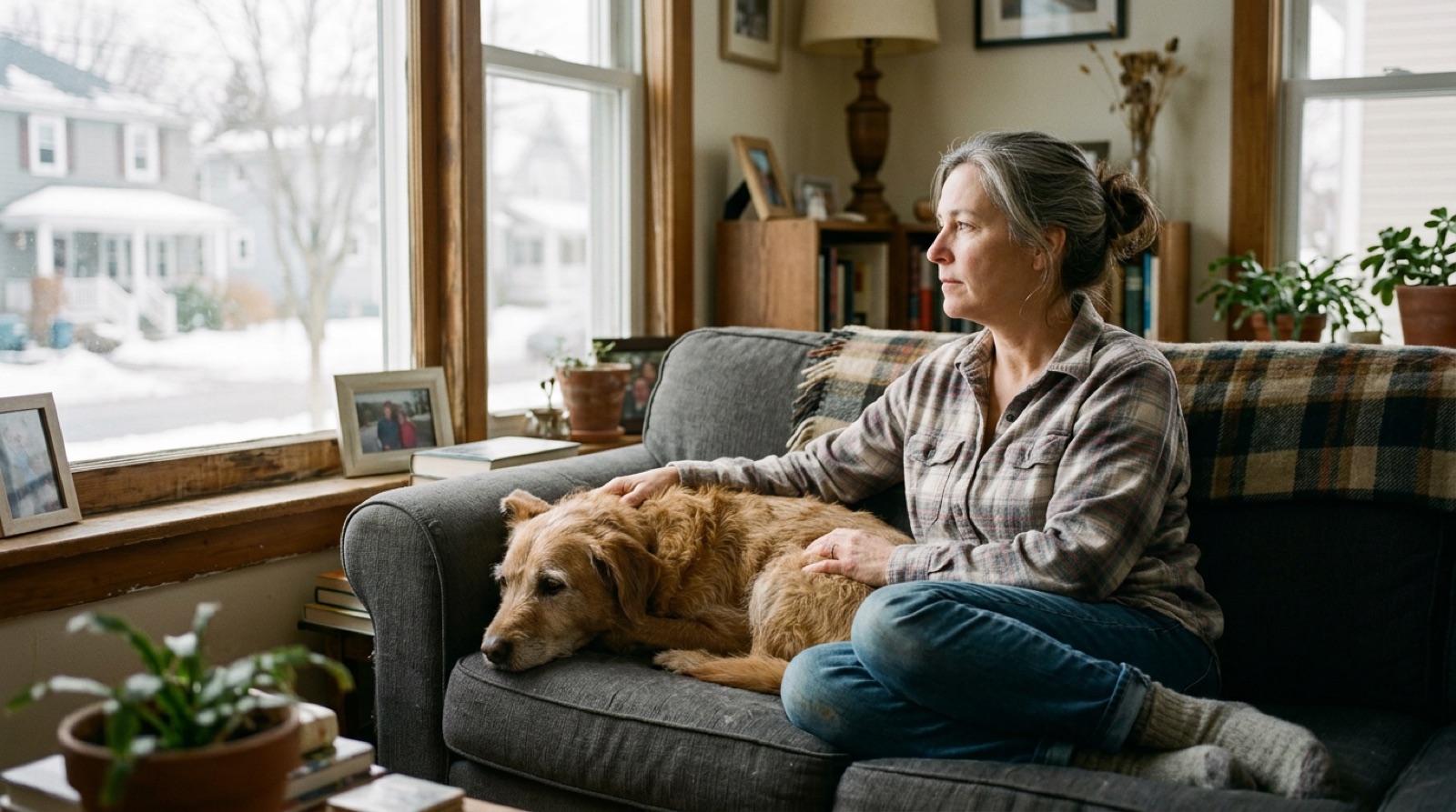 Owner sitting with their dog while considering rehoming in Saint John