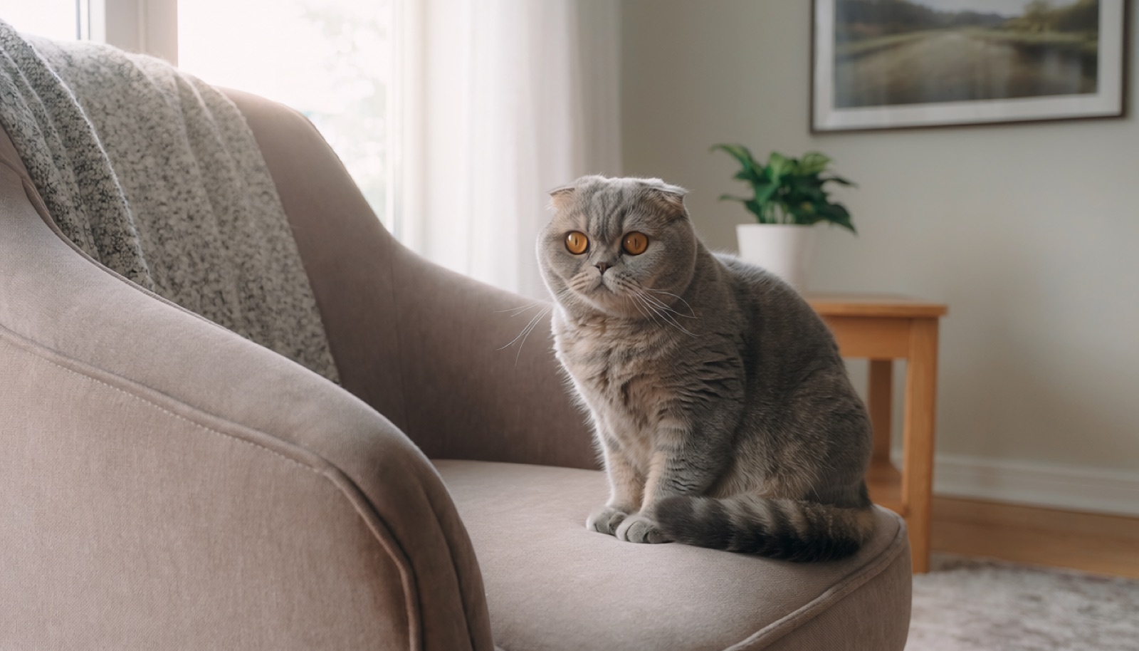 A Scottish Fold at home in Canada, waiting for a responsible rehoming match