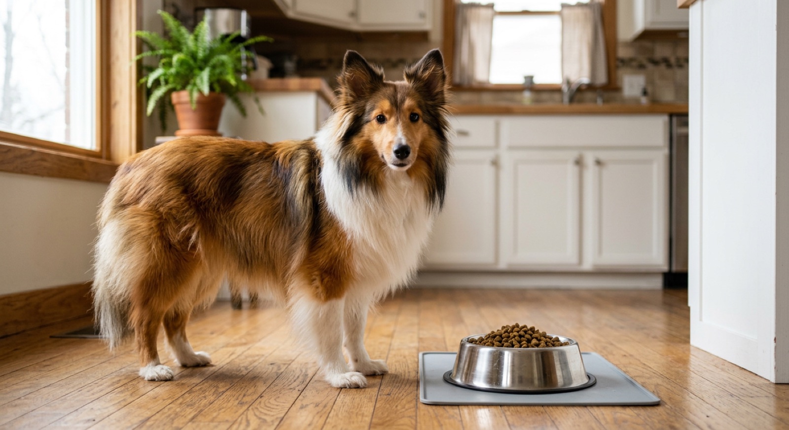 A Shetland Sheepdog at home in Canada, waiting for a responsible rehoming match