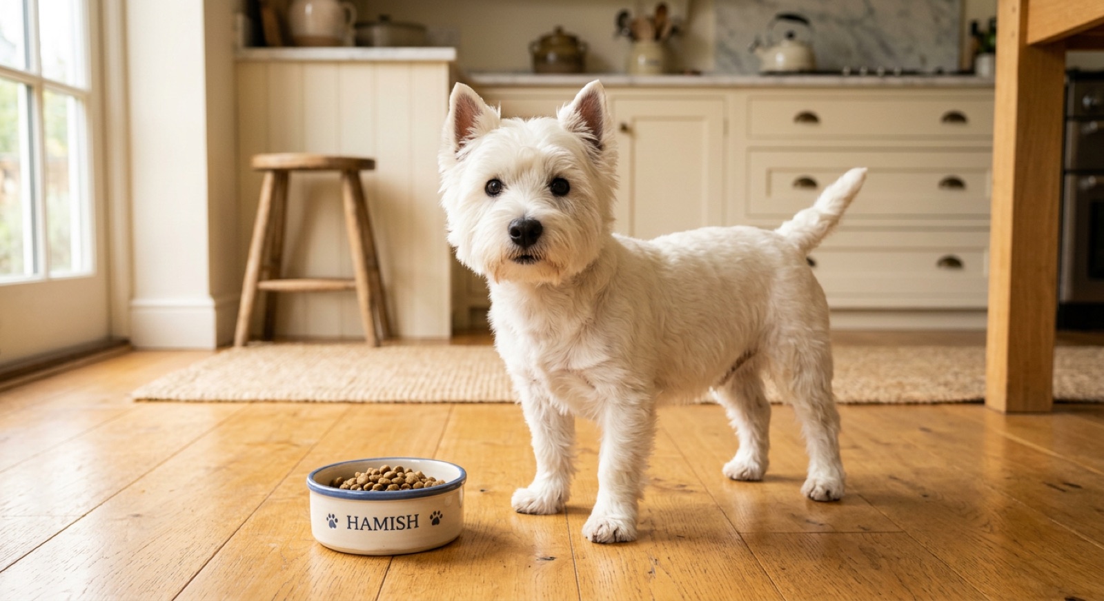 A West Highland White Terrier at home in Canada, waiting for a responsible rehoming match