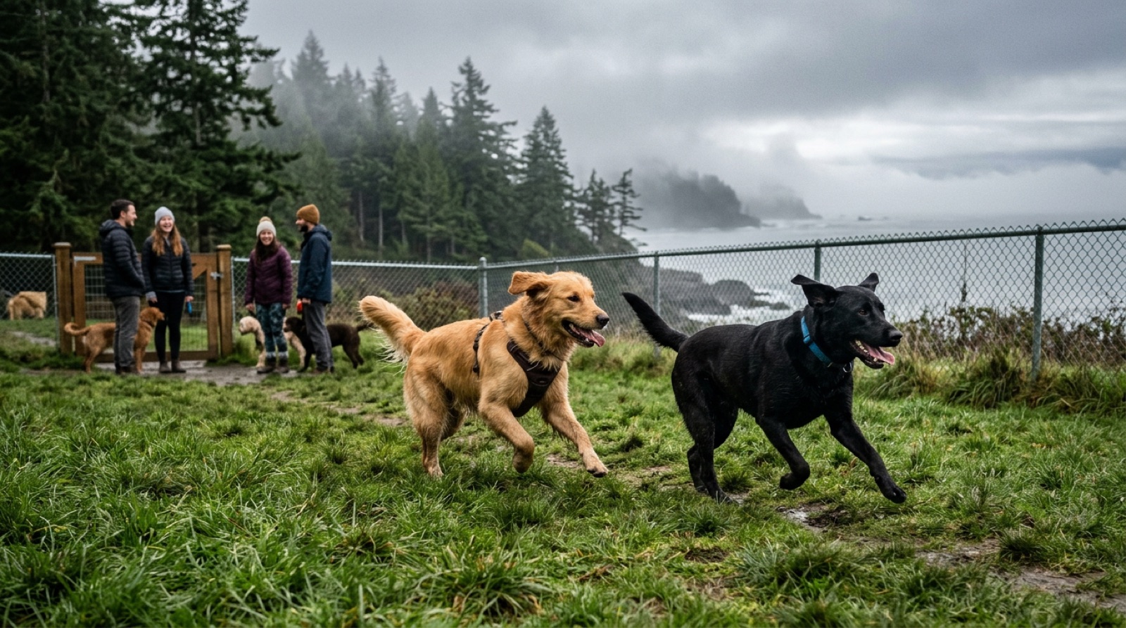 Dogs playing together at a fenced off-leash park in Saint John