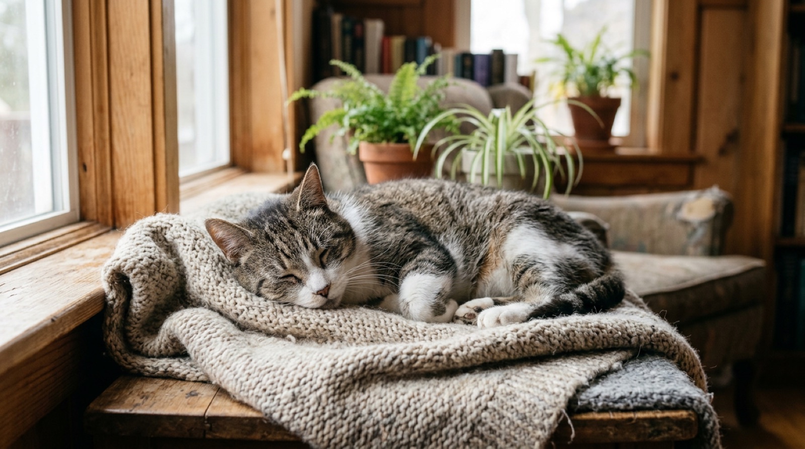 Senior cat resting in warm window light in a Winnipeg home