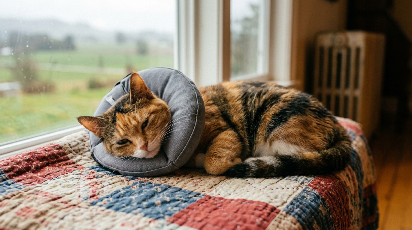 Cat resting in a quiet recovery room after spay surgery in Abbotsford BC