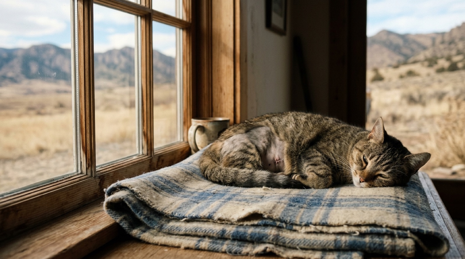 Cat resting in a recovery suit after spay surgery in a Cochrane Alberta home