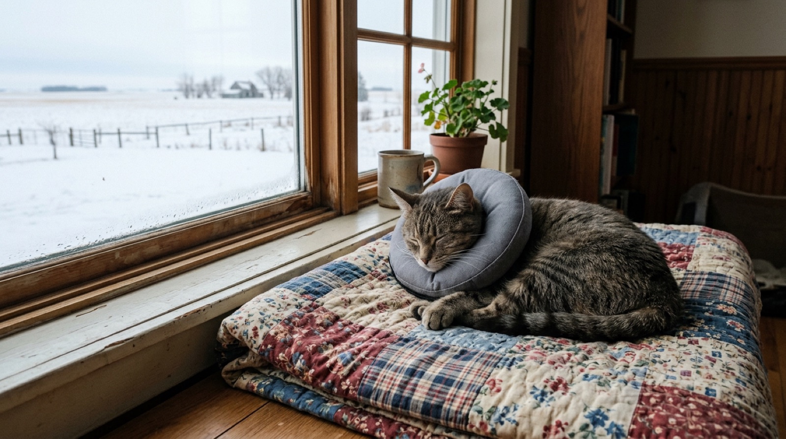 Cat resting in a recovery cone after spay surgery in a Saskatchewan home