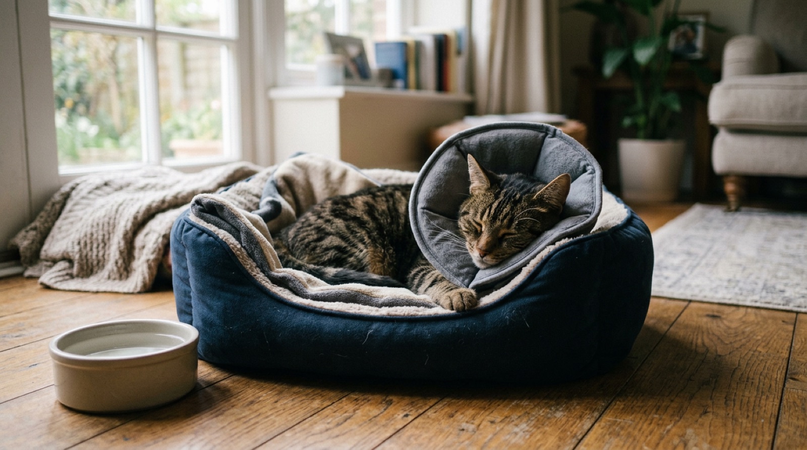 A cat recovering in a soft recovery collar after spay surgery in a Guelph home