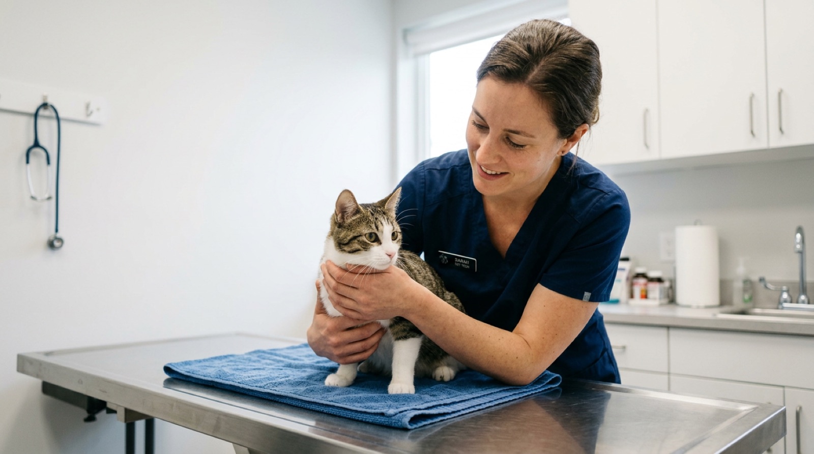 Cat resting in a recovery cone after spay surgery in a Kingston Ontario home