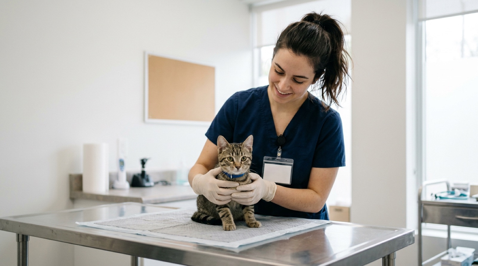 A cat recovering in a soft recovery collar after spay surgery in a Kitchener home