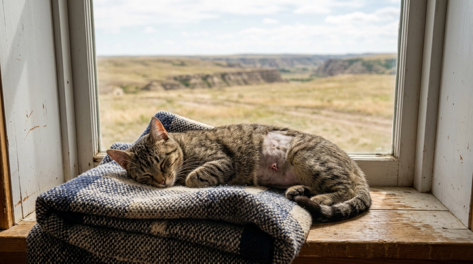 Cat resting in a recovery suit after spay surgery at a Lethbridge Alberta veterinary clinic