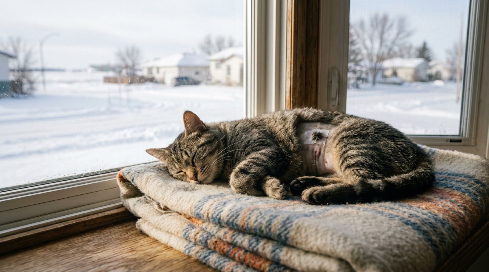 A cat resting quietly at home in Lloydminster after spay or neuter surgery