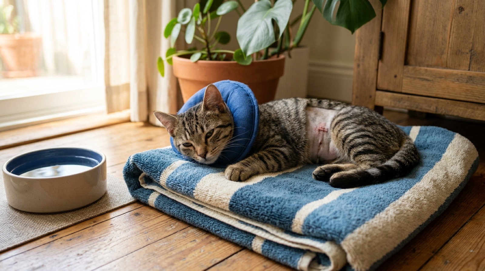 Cat recovering after spay surgery in a London Ontario veterinary clinic