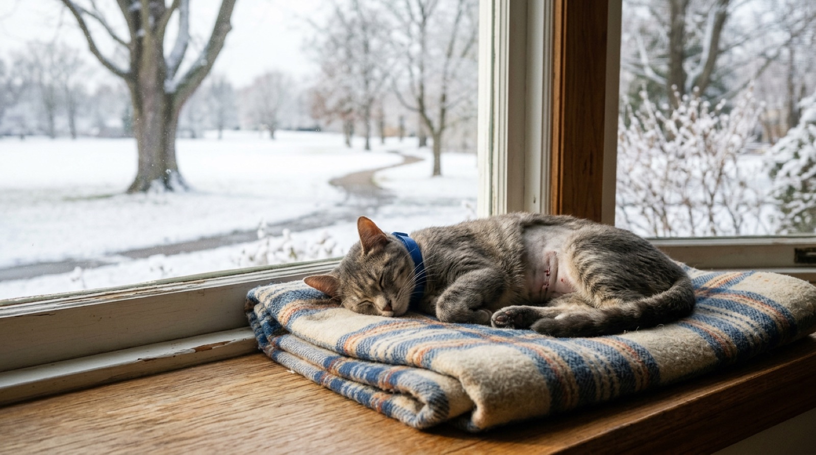 Cat resting and recovering after spay or neuter surgery in a Melfort Saskatchewan home