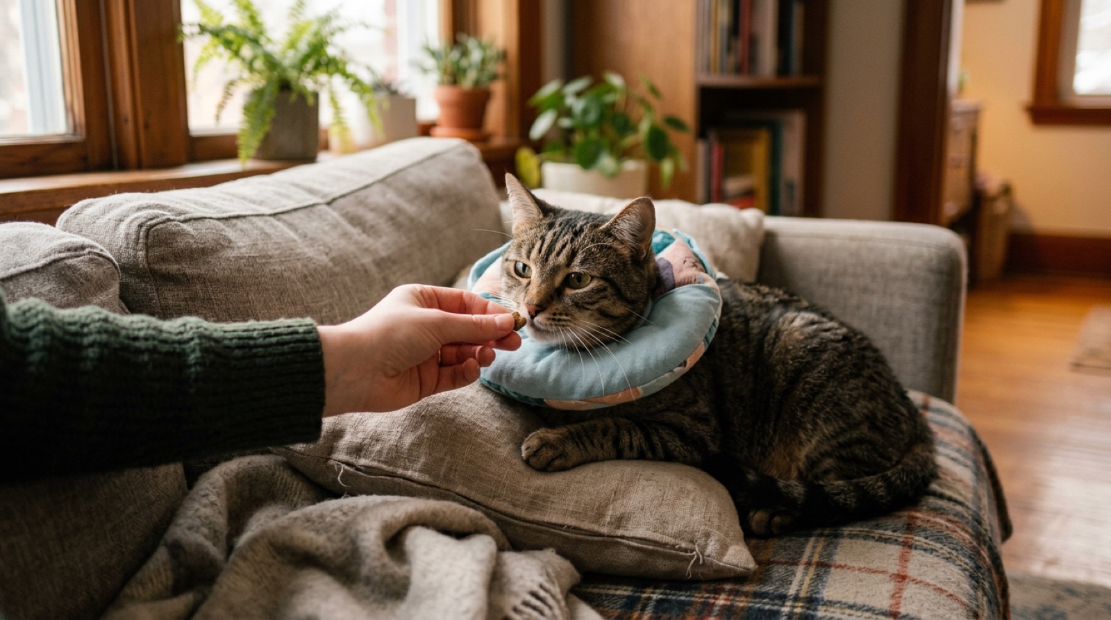 Cat resting in a recovery cone at home after spay surgery in Moncton New Brunswick