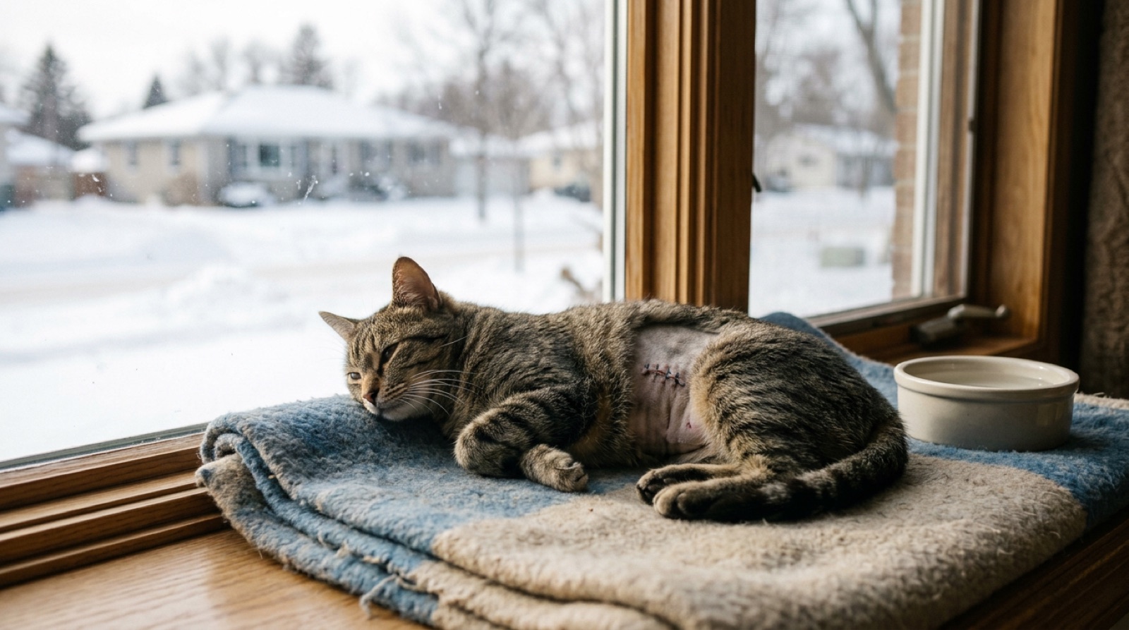 Cat resting in a recovery cone after spay surgery in a Saskatchewan home