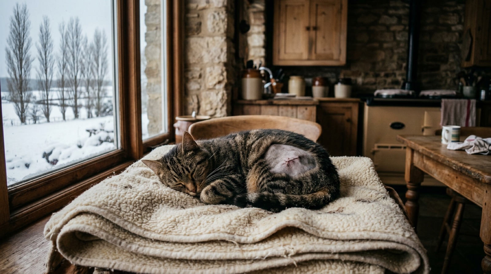 Cat resting in a recovery cone after spay surgery in a Saskatchewan home