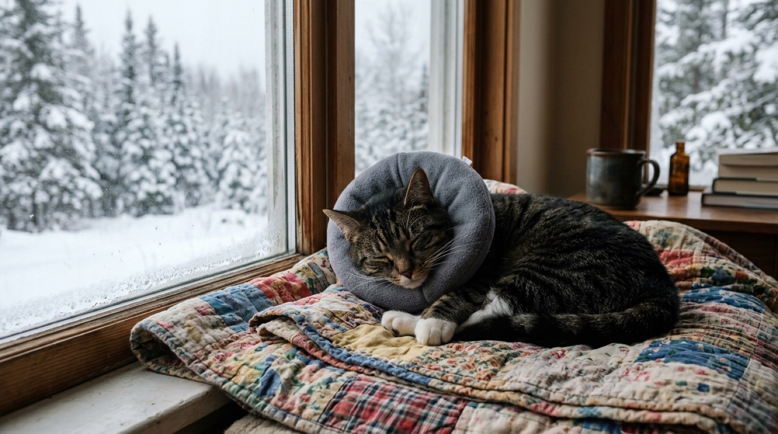 Cat resting in a recovery cone after spay surgery in a Saskatchewan home