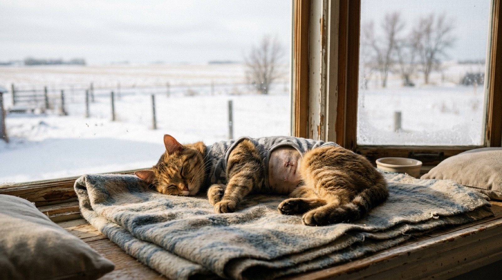 Cat resting in a quiet recovery room after spay surgery in Red Deer Alberta