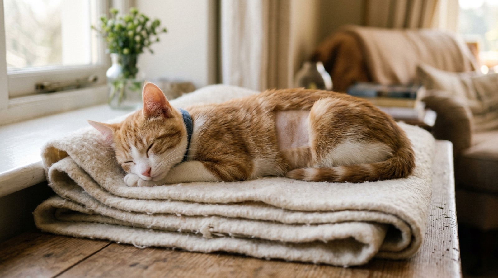 Cat recovering in a soft bed after spay surgery at a New Brunswick veterinary clinic