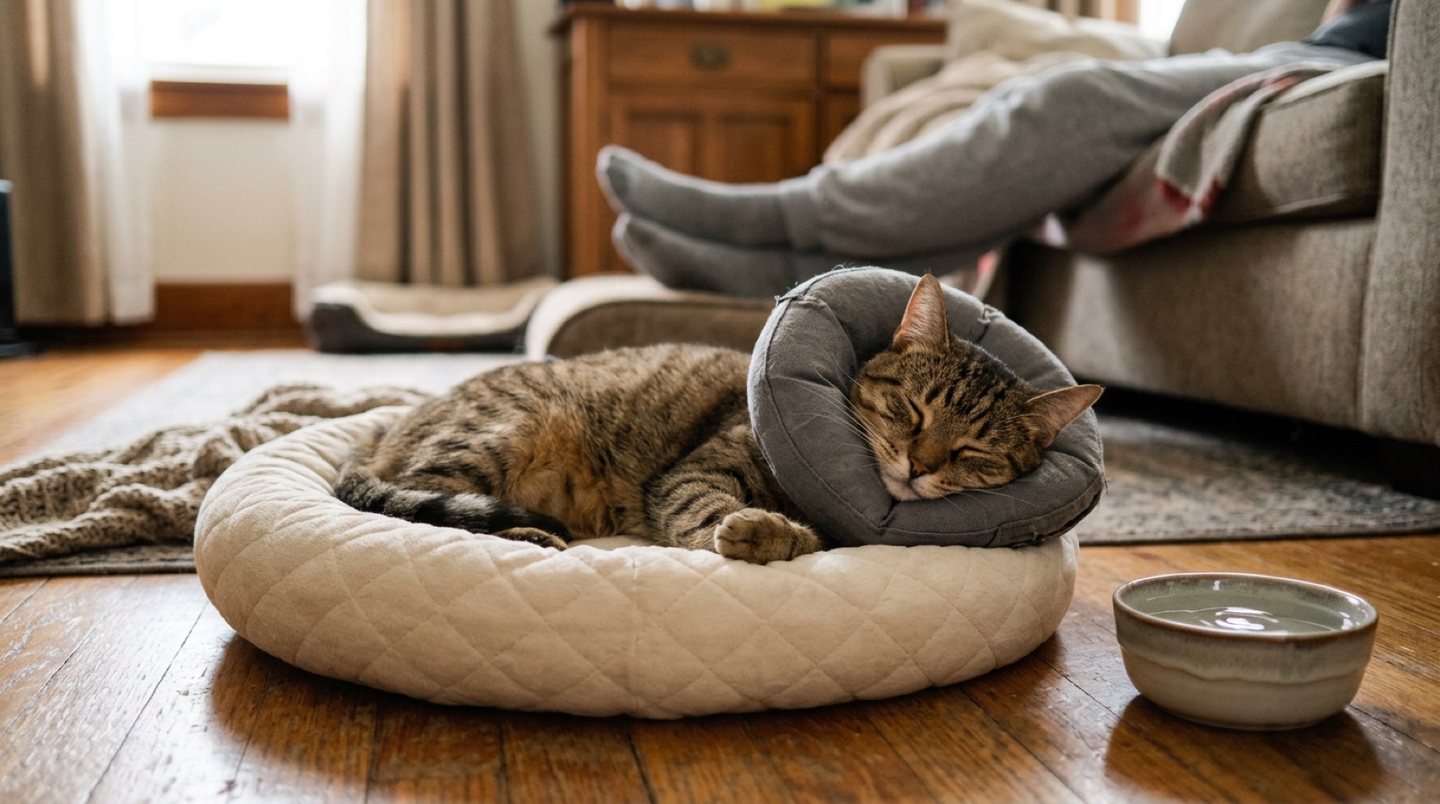 Cat resting in a recovery collar after spay surgery in a St. Catharines Ontario home
