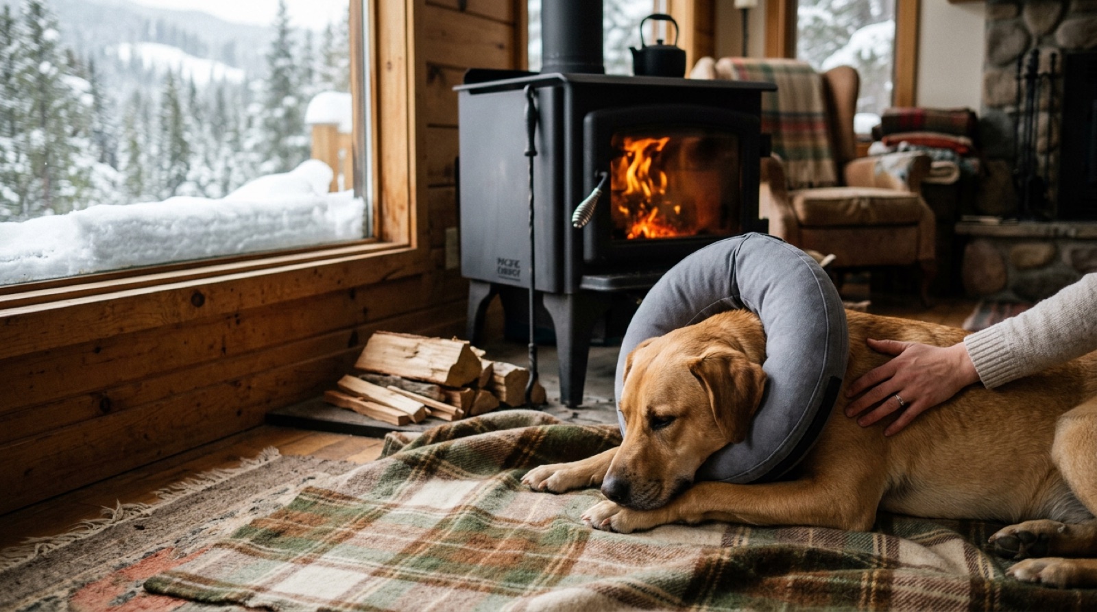 A dog resting in a recovery suit on a couch after surgery in a Cochrane, Alberta home