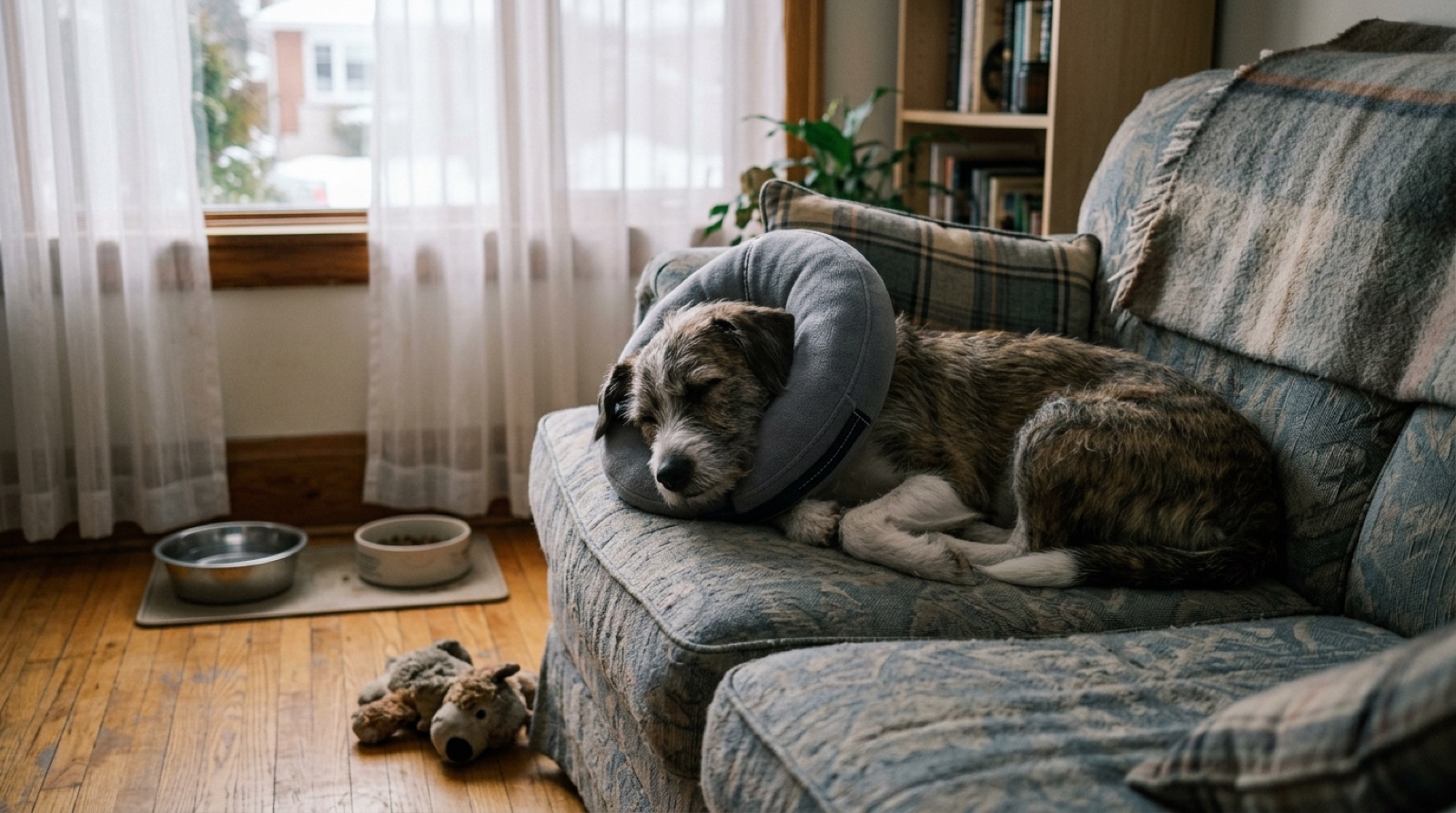 A dog resting on a blanket wearing a recovery cone after surgery in a Hamilton home