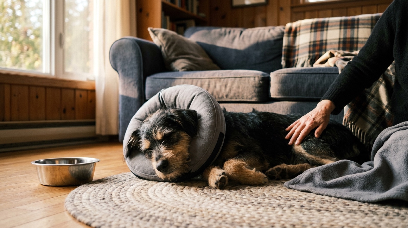 A dog resting in a recovery collar at home in Kingston, Ontario