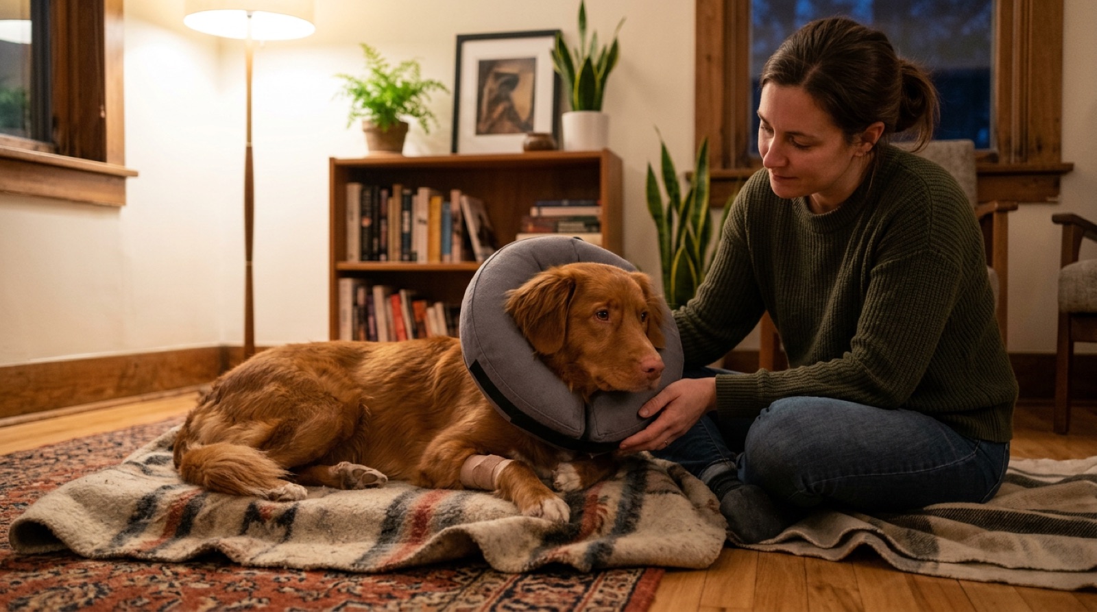A dog resting quietly at home during recovery after spay surgery in London, Ontario