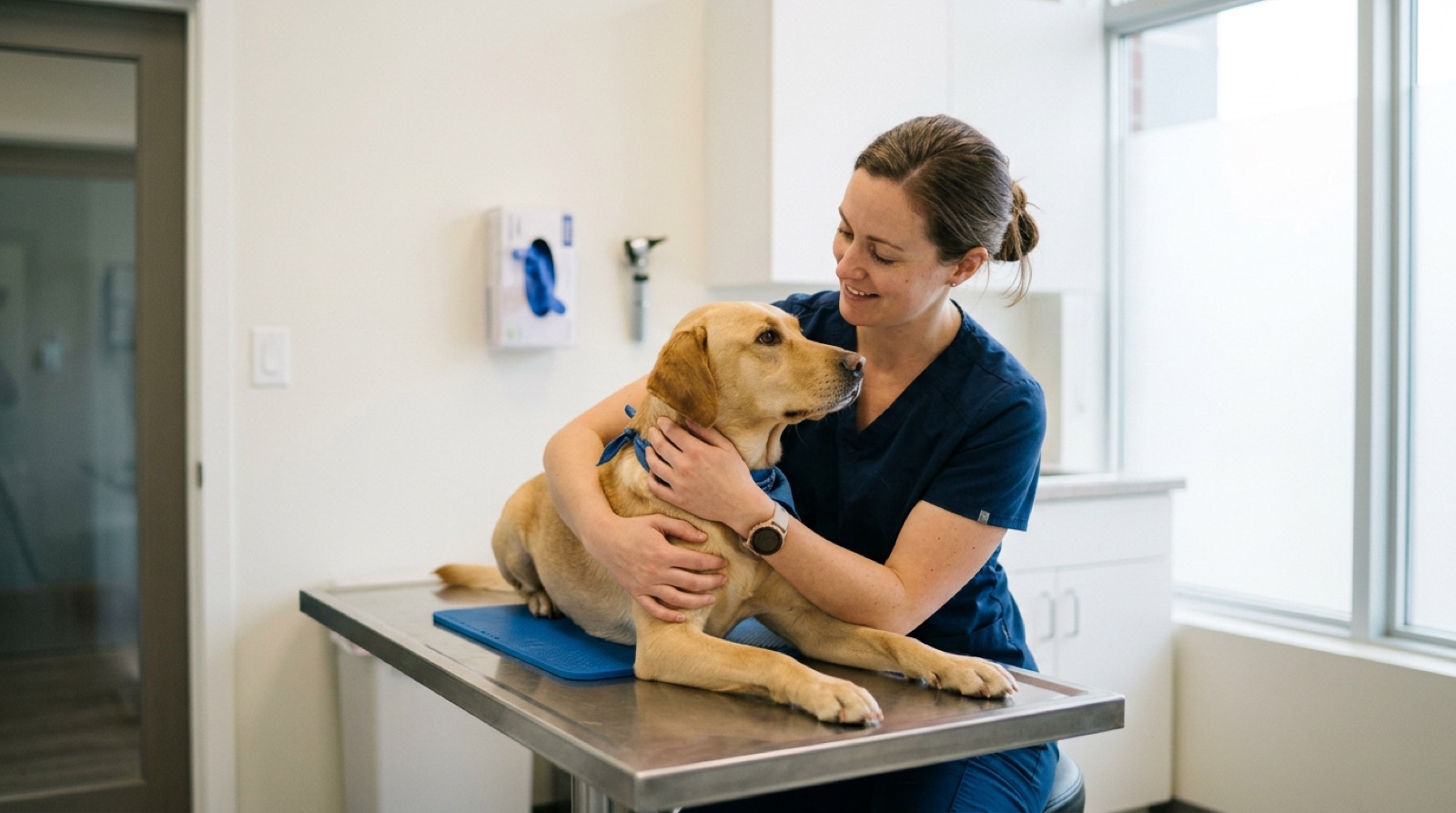 A dog resting quietly on a bed during post-surgical recovery in a Niagara home
