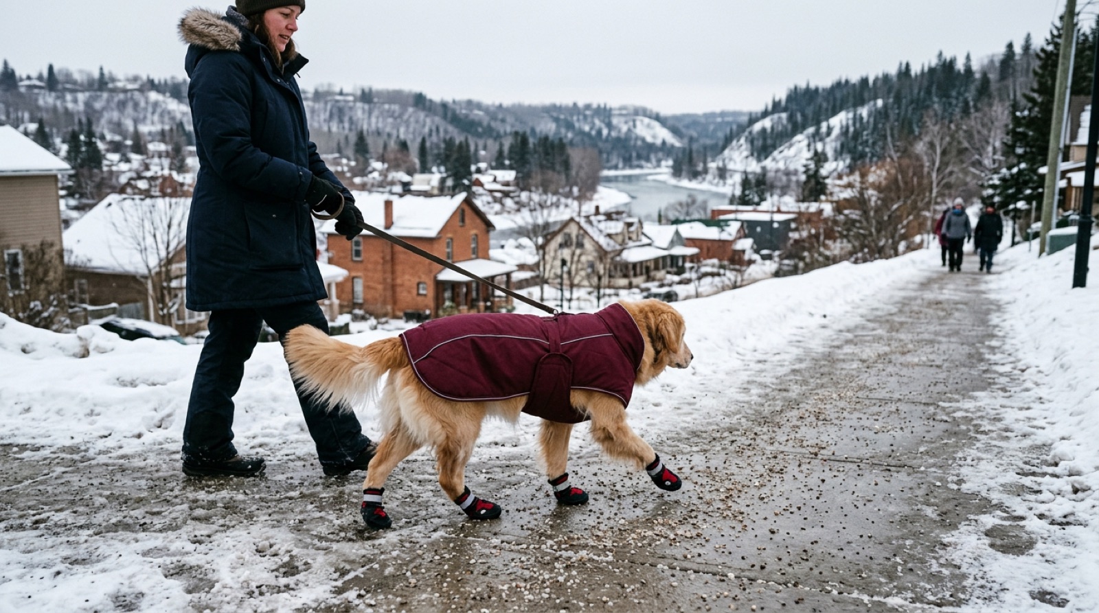 Dog in a winter coat and booties on a snowy Fredericton sidewalk