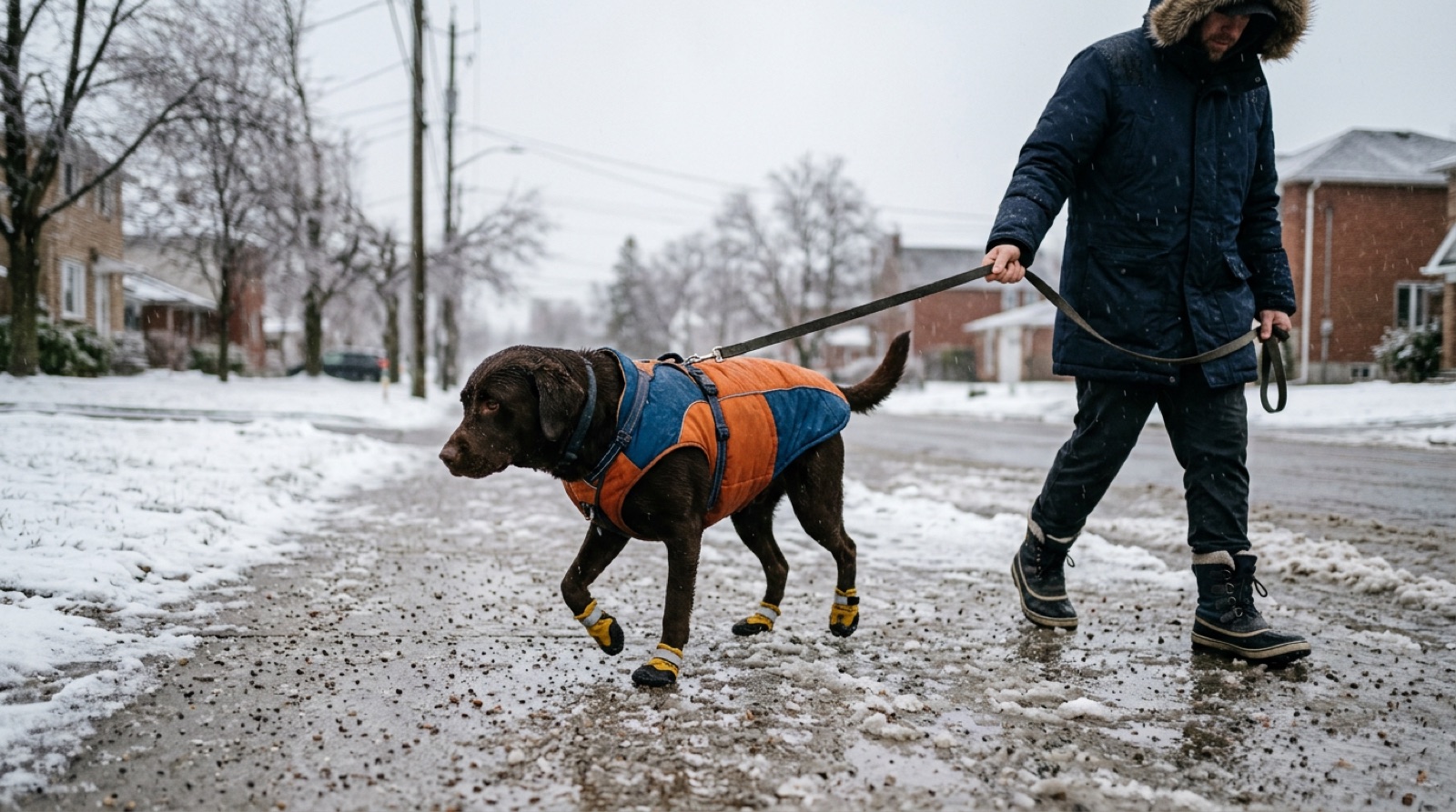 Dog in a winter coat and booties on a snowy Moncton sidewalk