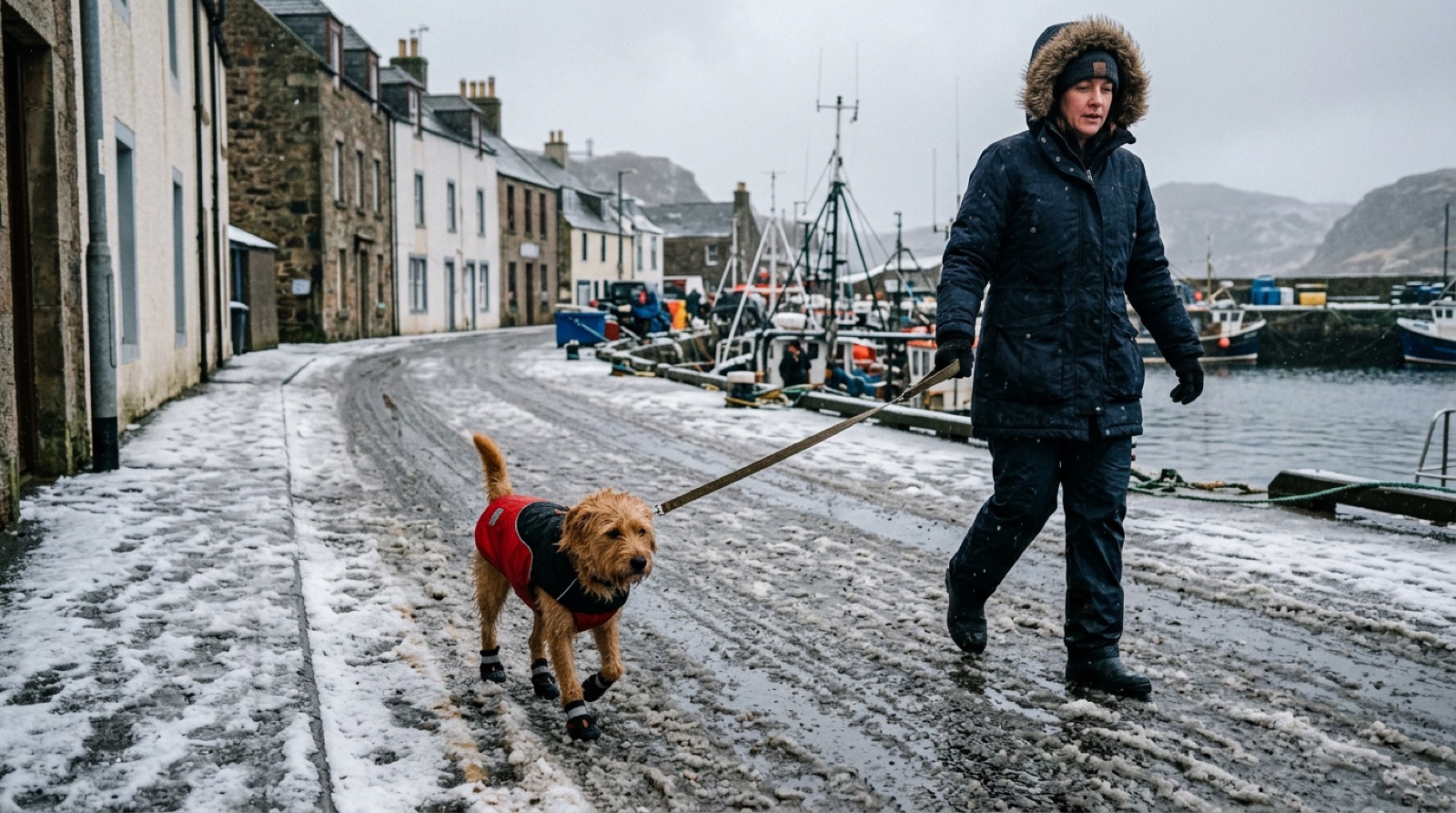 Dog in a winter coat and booties on a snowy Saint John sidewalk