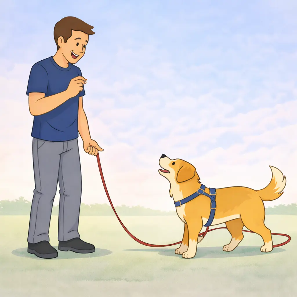 Dog making eye contact with person during walk to check in for a treat reward