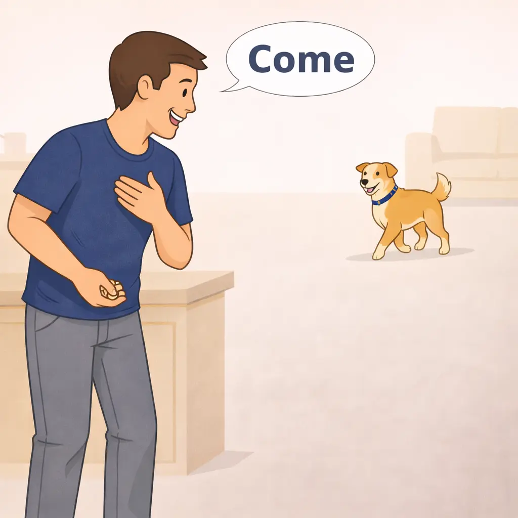 Person calling dog from a different room to practice distance recall