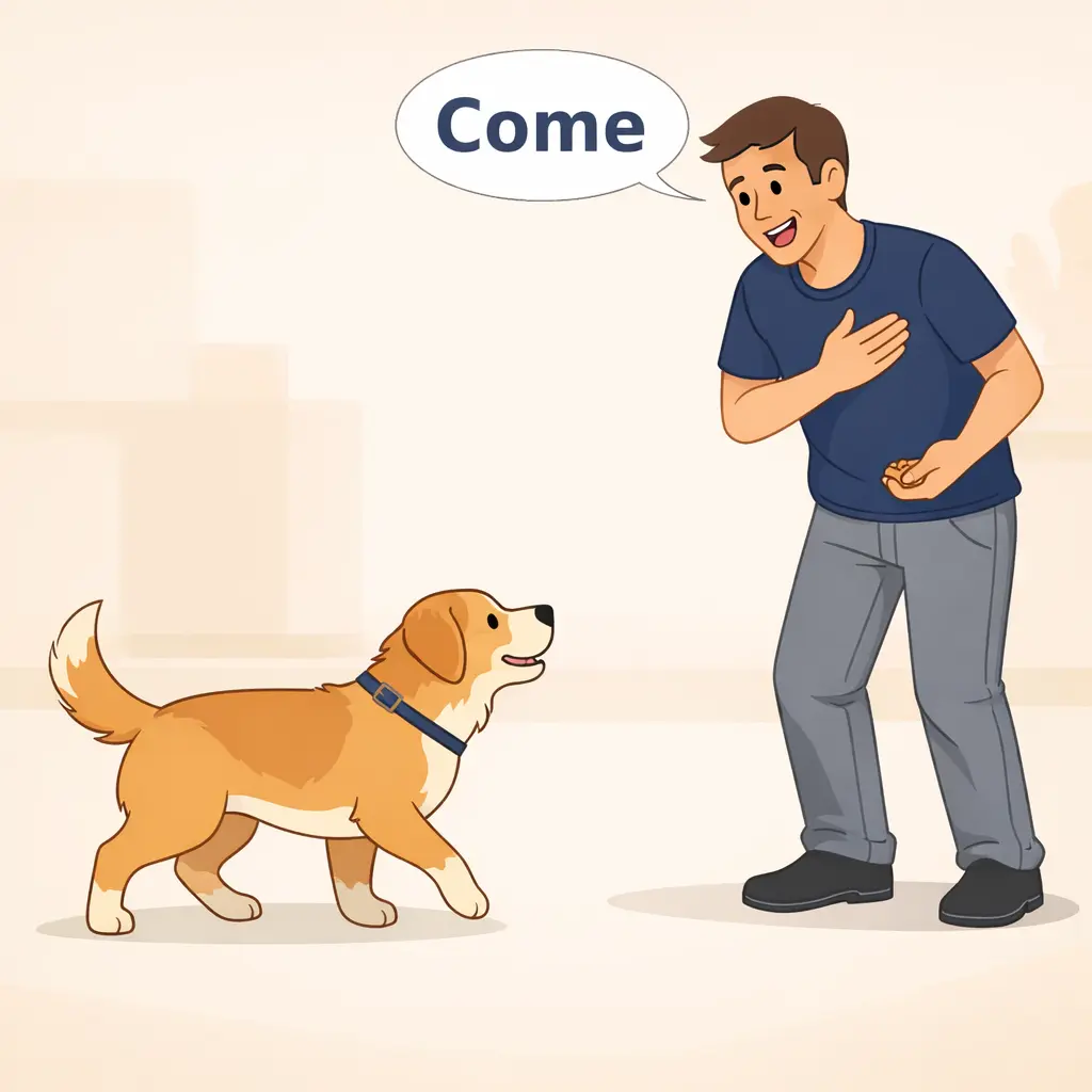 Person standing far from dog to practice recall command