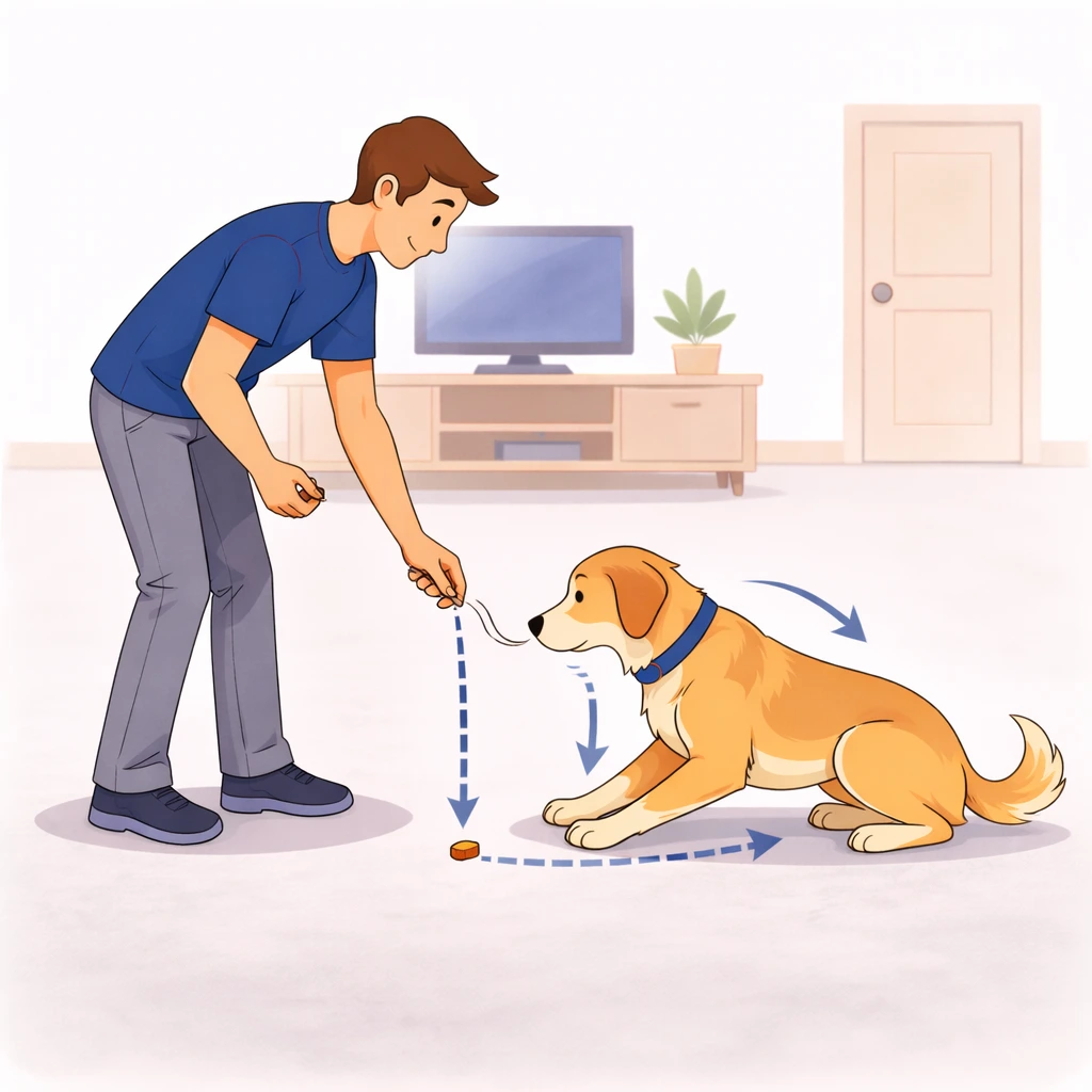 Person luring dog into down position using an L shaped motion along the ground