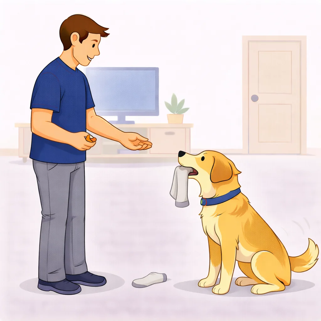 Dog dropping a sock after hearing drop it command and getting a treat reward